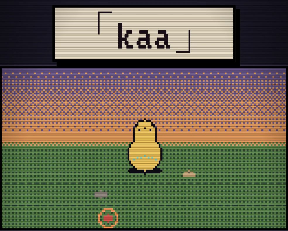 ファーストコンタクト・リンギストの画面。夕焼けの草原で、黄色い来訪者が「kaa」と発している